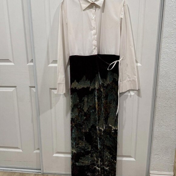 ACT N°1 Patchwork Shirt Dress – Cream Button-Up & Velvet Maxi Skirt Size 42